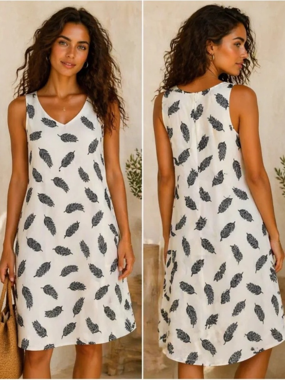 H&M| White Sleeveless Lightweight V-Neck Black Feather Print Sheath Dress Sz 6